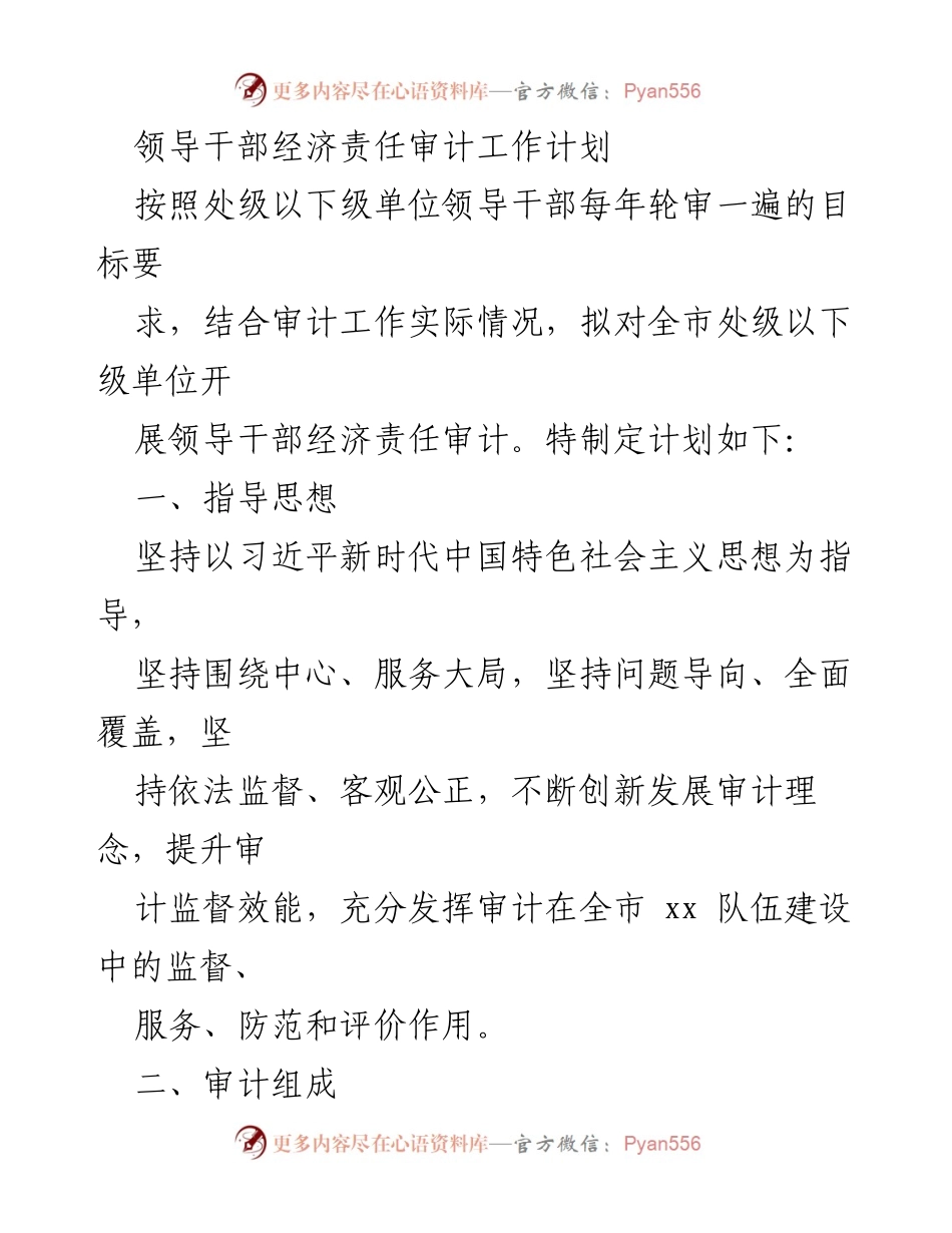 [工作计划] 经济责任审计 - 处级以下单位领导干部经济责任审计工作计划.docx_第1页