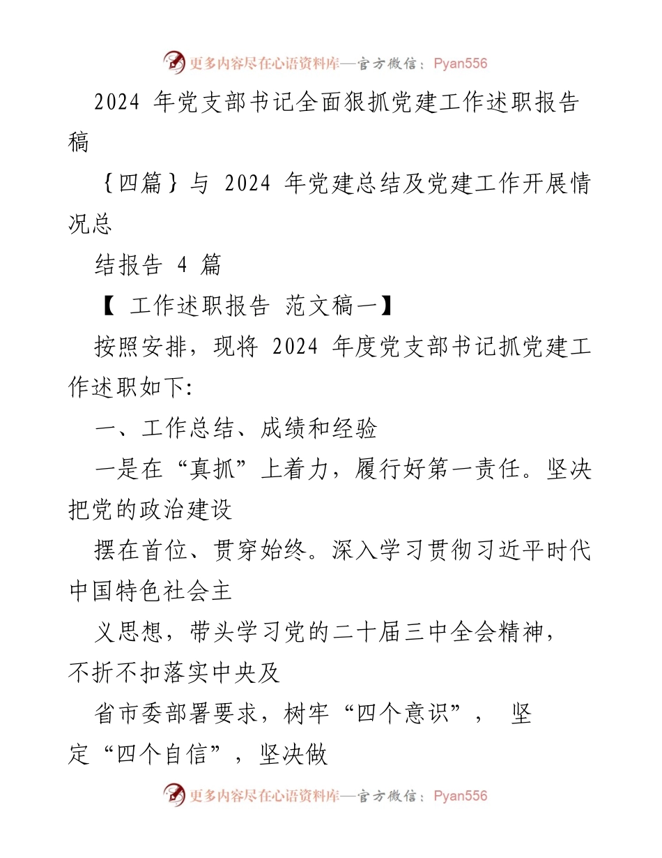 [工作述职报告] 党支部书记述职 - 2024年度党建工作述职报告.docx_第1页