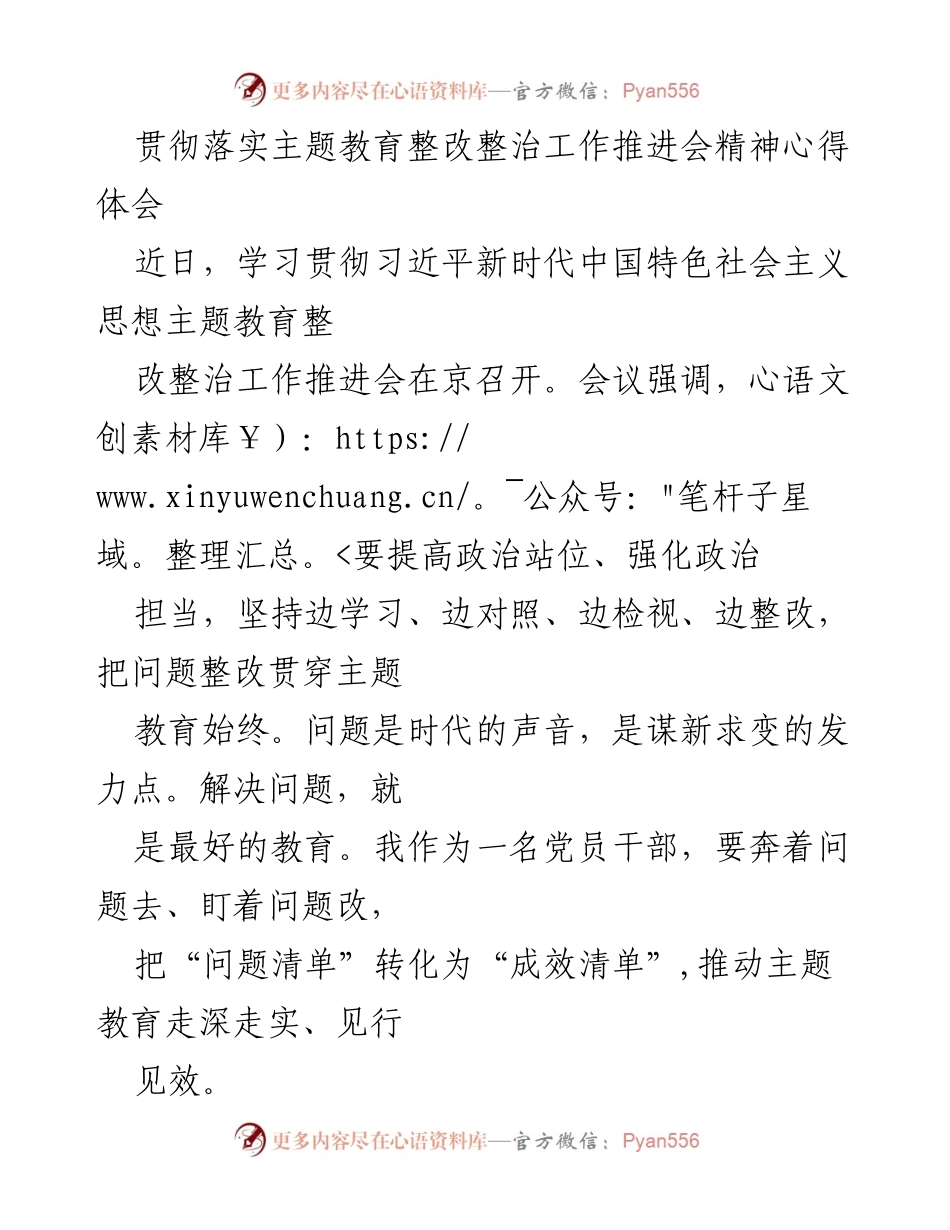 [心得体会] 主题教育整改整治工作推进会 - 深入学习贯彻主题教育整改整治精神，推动问题解决与成效转化.docx_第1页