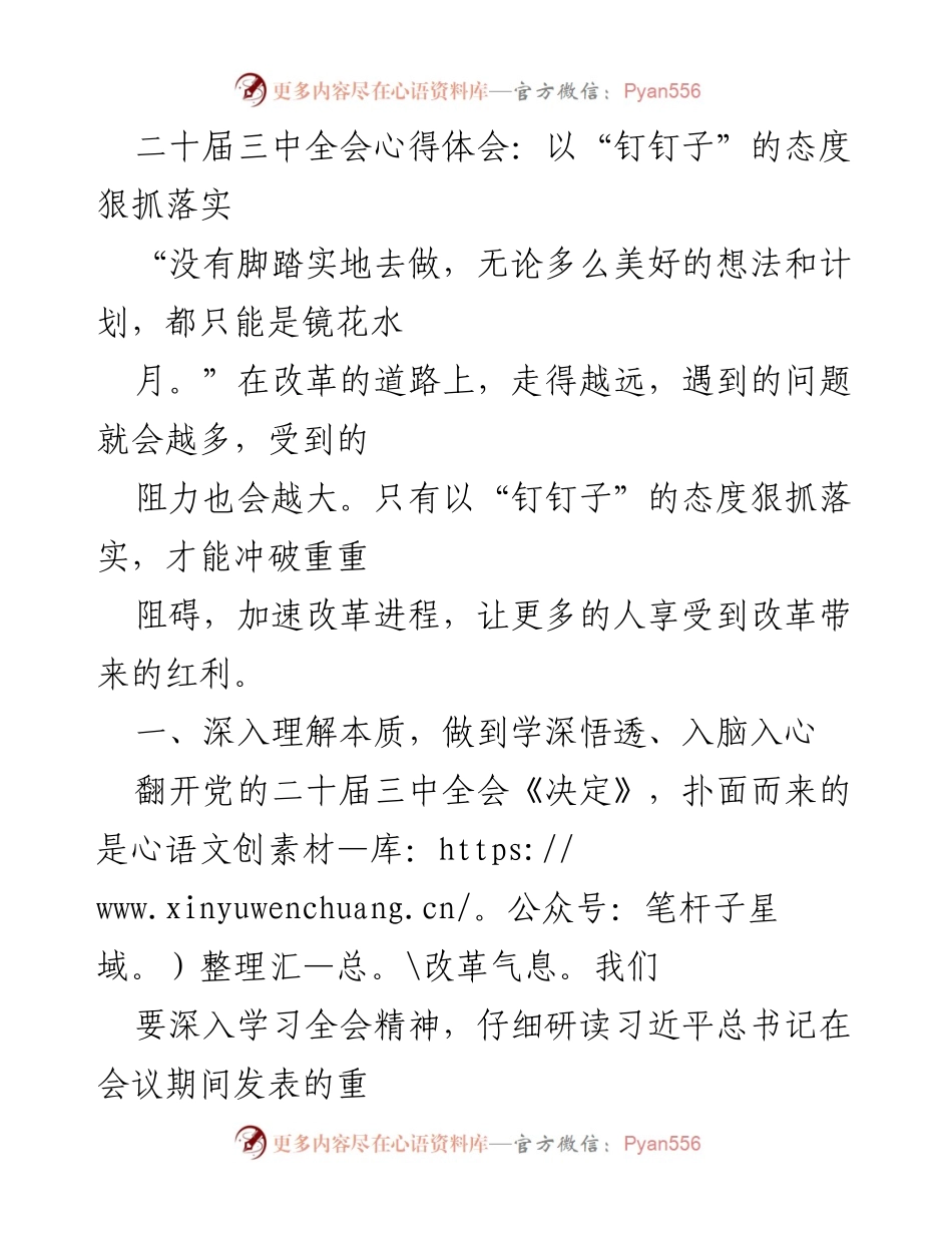 [心得体会] 二十届三中全会 - 以“钉钉子”的态度狠抓落实.docx_第1页
