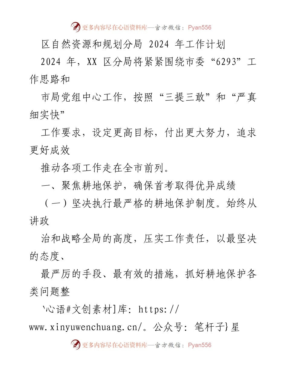 [工作计划] 自然资源管理 - 2024年区自然资源和规划分局工作计划.docx_第1页