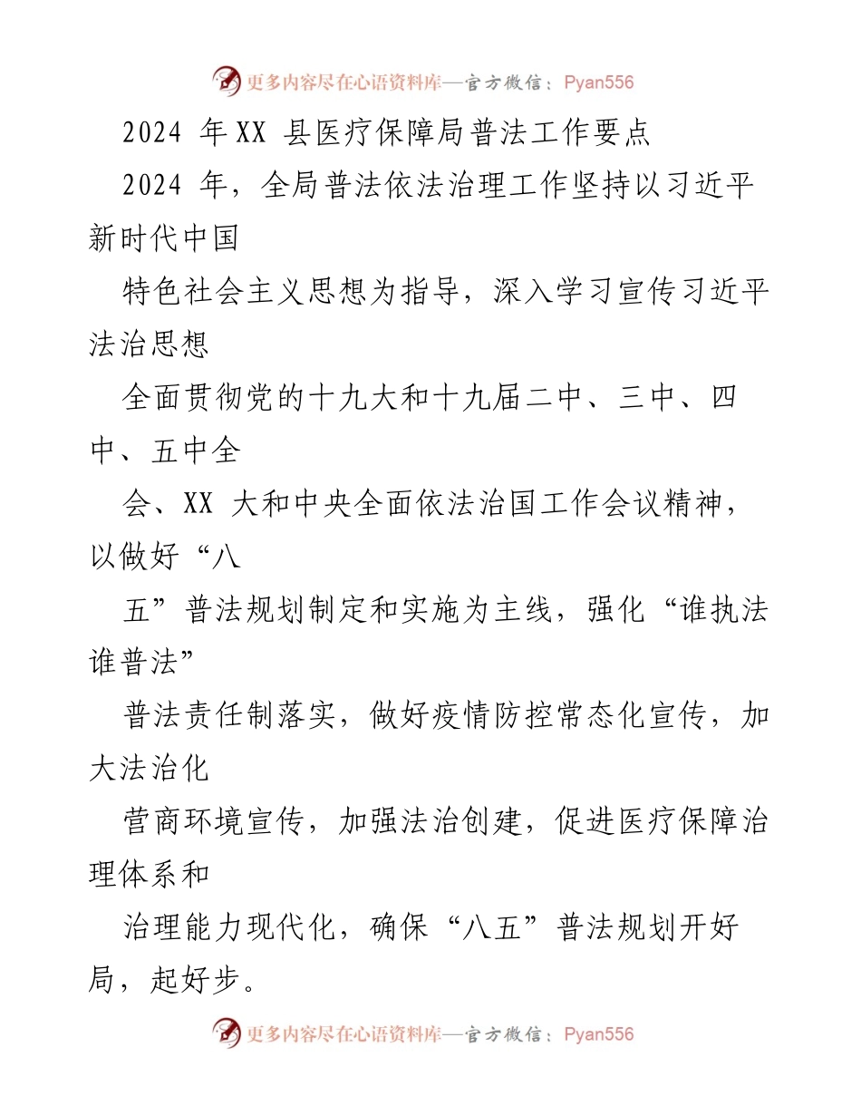 [工作计划] 医疗保障局 - 2024年XX县医疗保障局普法工作要点.docx_第1页