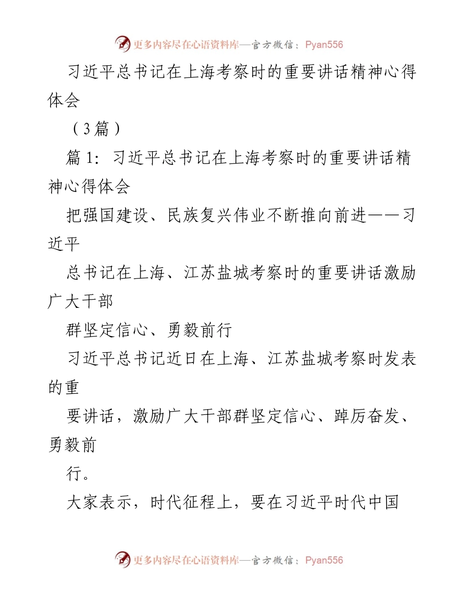 [心得体会] 考察讲话 - 习近平总书记在上海考察时的重要讲话精神心得体会.docx_第1页