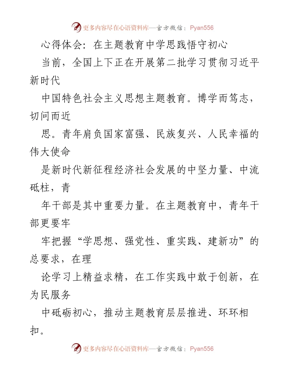 [心得体会] 主题教育 - 青年干部在主题教育中的学习与奋斗心得.docx_第1页