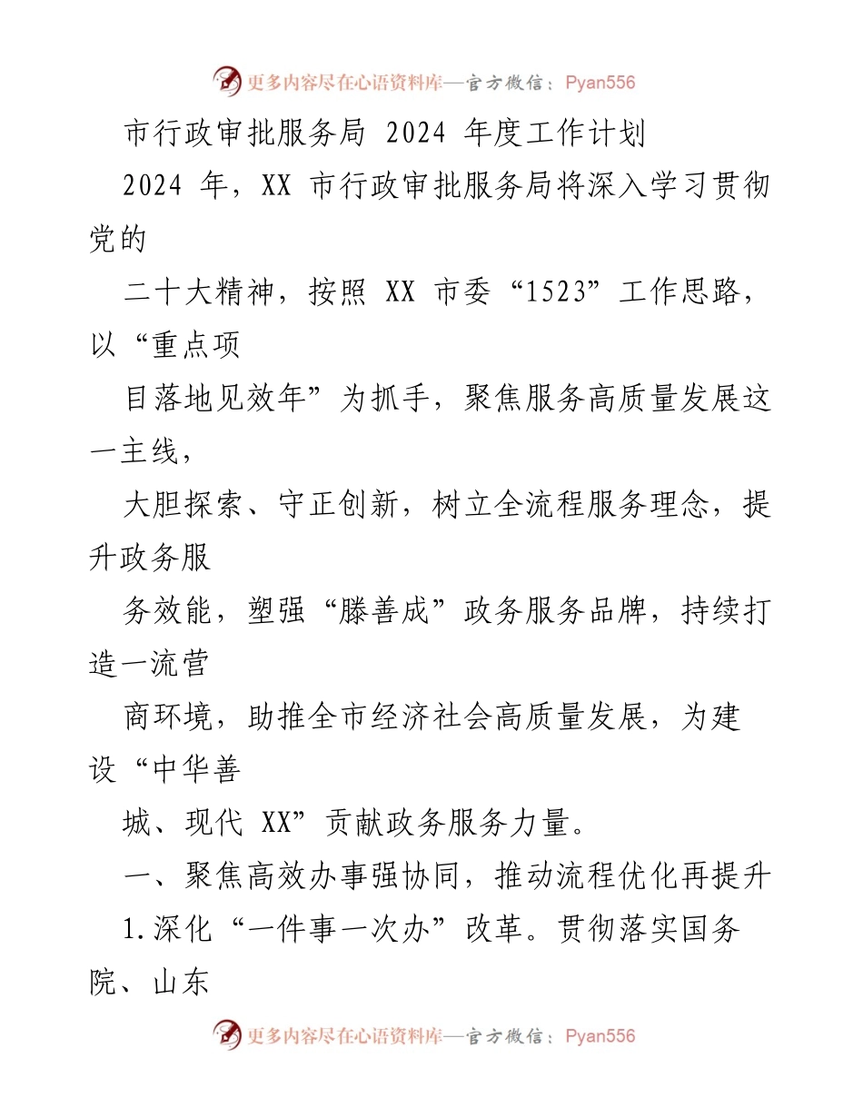 [工作计划] 行政服务局 - 2024年度行政审批服务局工作计划概述.docx_第1页