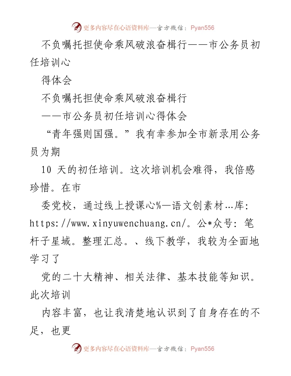 [心得体会] 公务员初任培训 - 不负嘱托，乘风破浪：市公务员初任培训心得体会.docx_第1页
