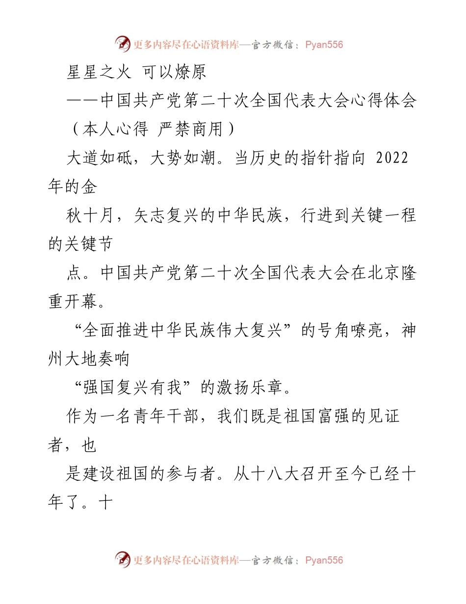 [心得体会] 党代会 - 青年干部的使命与担当：学习中国共产党第二十次全国代表大会心得.docx_第1页