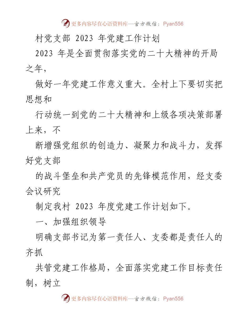 [工作计划] 村党支部 - 2023 年党建工作计划与实施方案.docx_第1页