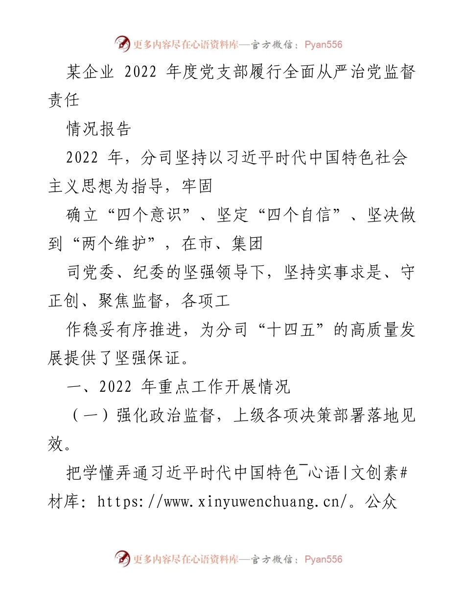 [情况报告] 企业年度总结 - 2022年度党支部全面从严治党监督责任履行情况报告.docx_第1页