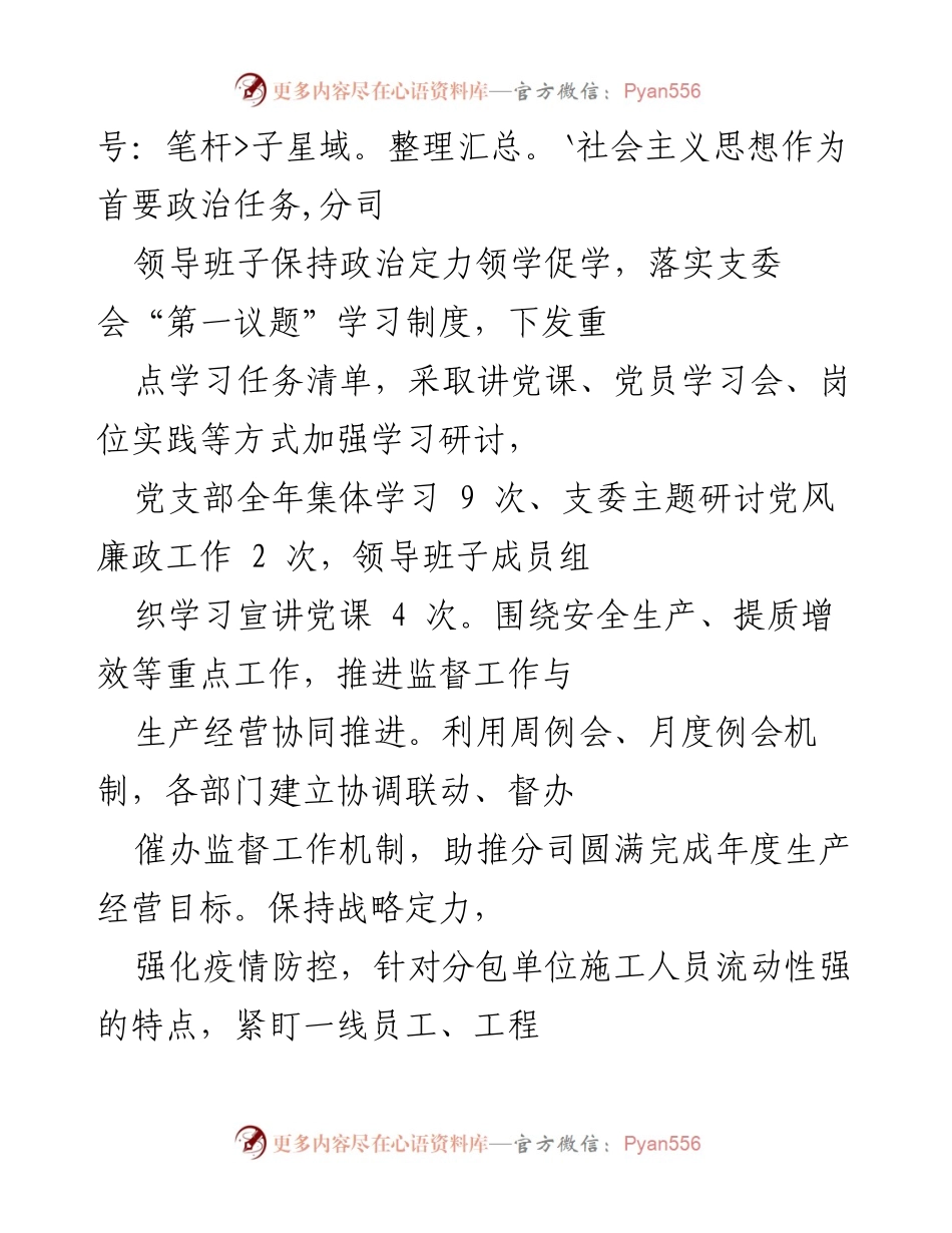 [情况报告] 企业年度总结 - 2022年度党支部全面从严治党监督责任履行情况报告.docx_第2页