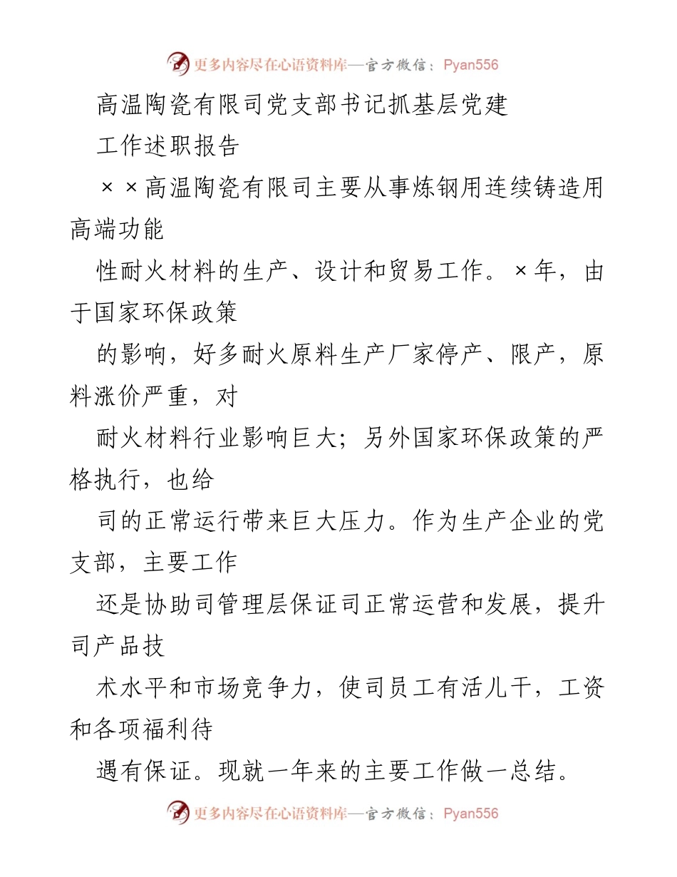 [工作述职报告] 党支部会议 - 高温陶瓷有限司党支部书记基层党建工作述职总结.docx_第1页