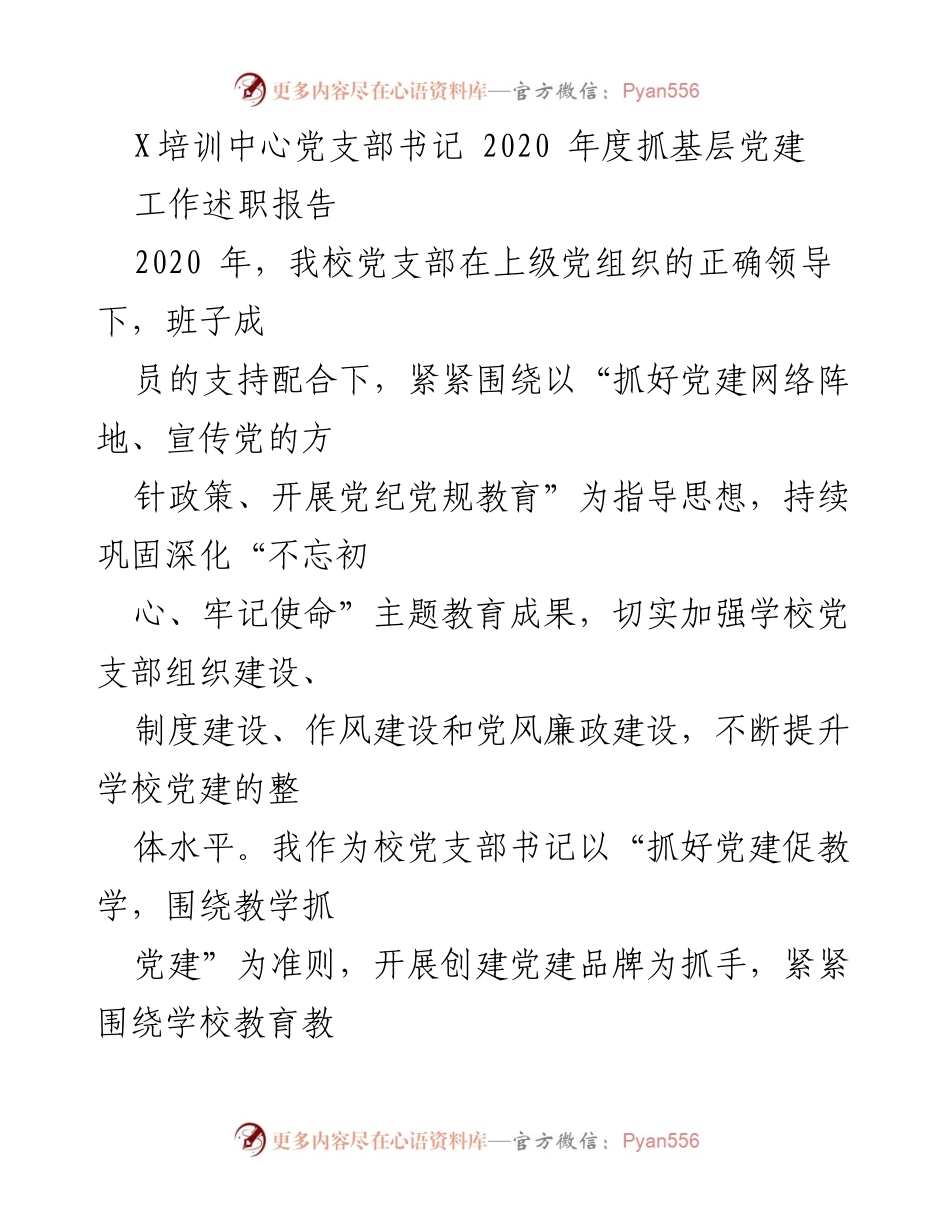[工作述职] 党支部年度总结 - 2020年度党支部书记党建工作述职报告.docx_第1页