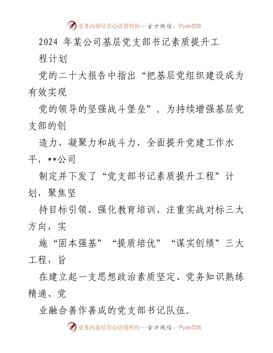 [工作计划] 党建工作 - 基层党支部书记素质提升工程计划.docx_第1页