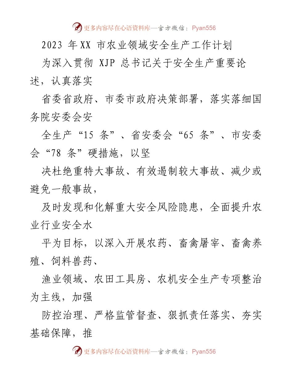 [工作计划] 农业安全生产 - 2023年XX市农业领域安全生产工作计划.docx_第1页