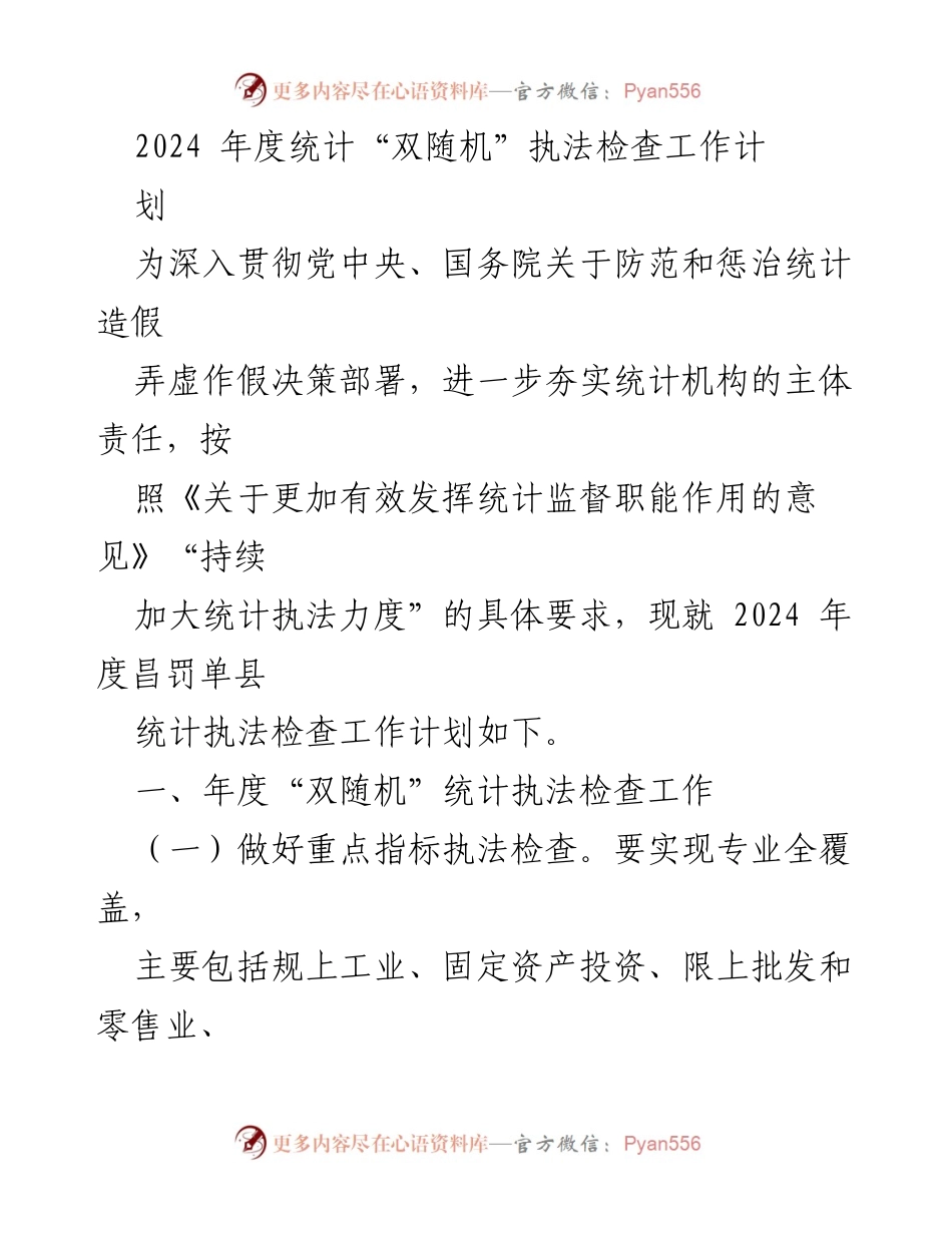 [工作计划] 统计执法检查 - 2024年度“双随机”统计执法检查工作计划.docx_第1页