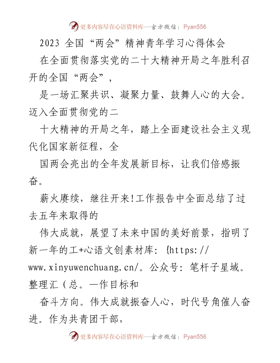 [心得体会] 全国“两会” - 深刻领会全国“两会”精神，奋发有为的青年使命.docx_第1页