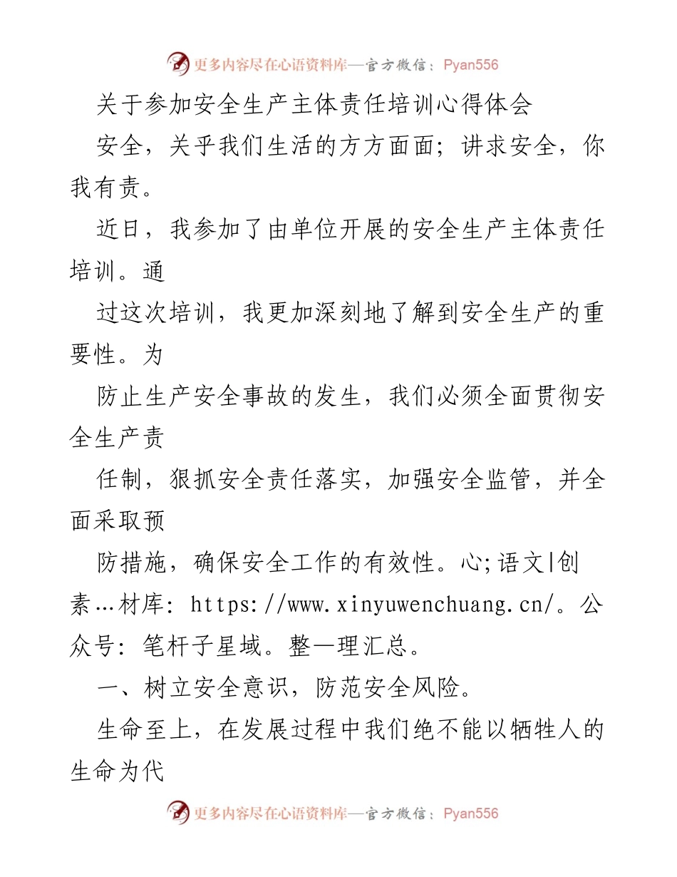 [心得体会] 安全生产培训 - 提升安全意识，落实主体责任.docx_第1页
