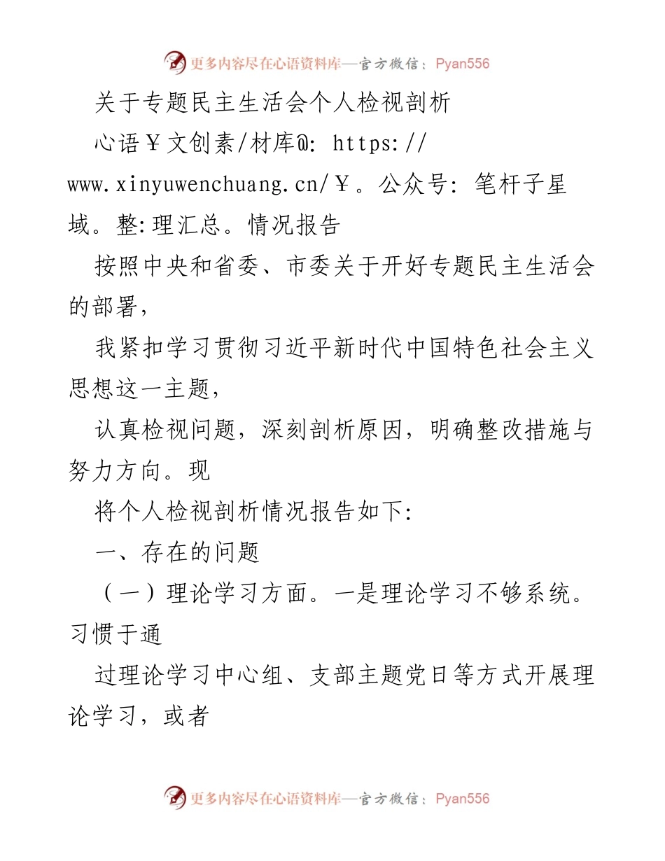 [情况报告] 专题民主生活会 - 个人检视与剖析报告.docx_第1页