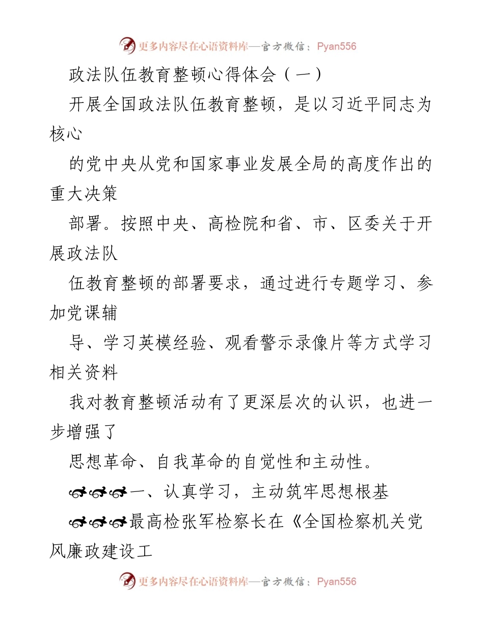 [心得体会] 政法队伍教育整顿 - 深化思想认识，增强检察工作责任感.docx_第1页