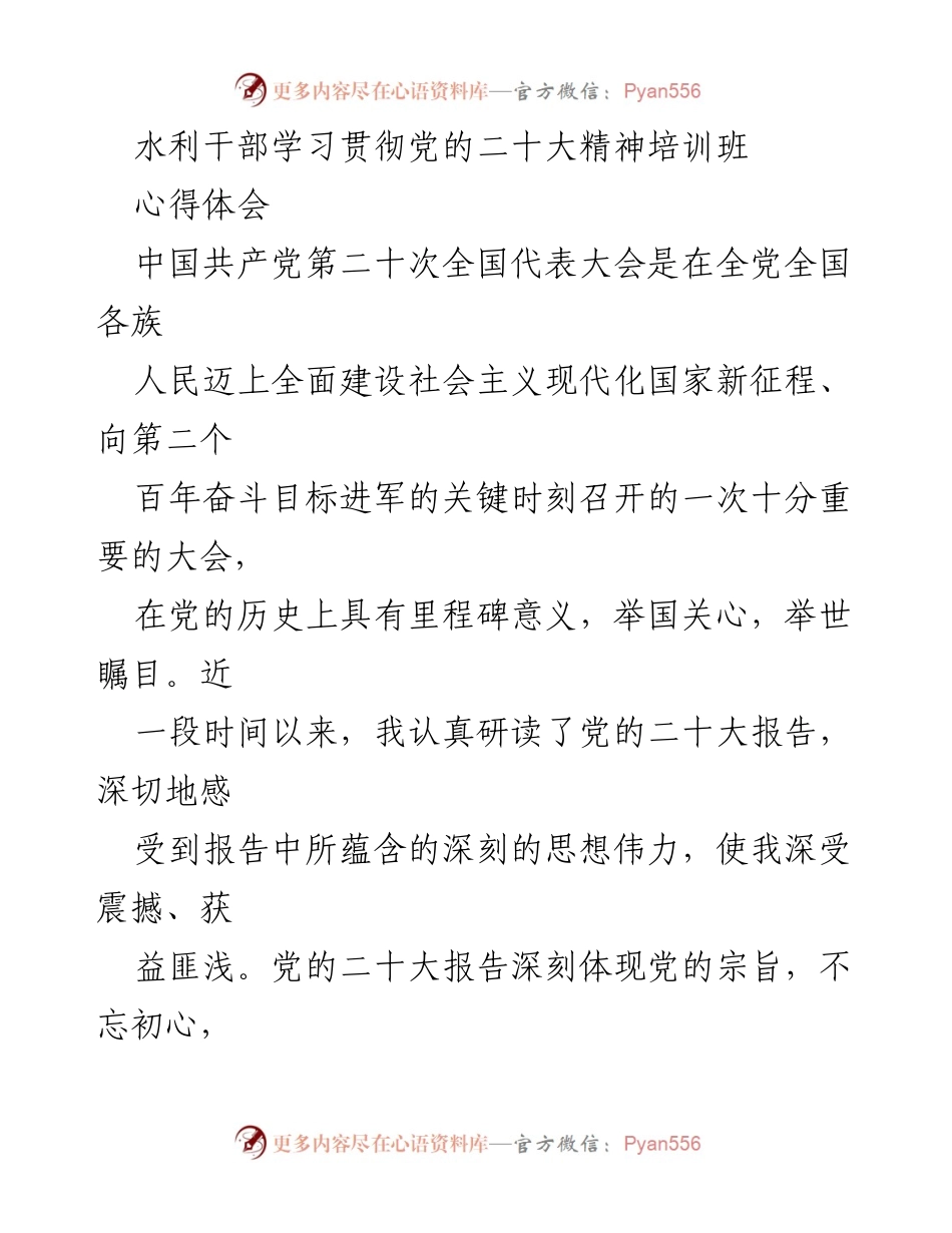 [心得体会] 培训班 - 深入学习党的二十大精神，提升水利干部综合素质与责任担当.docx_第1页