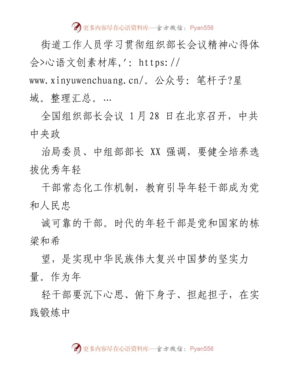 [心得体会] 全国组织部长会议 - 年轻干部的理想信念与为民服务的责任.docx_第1页