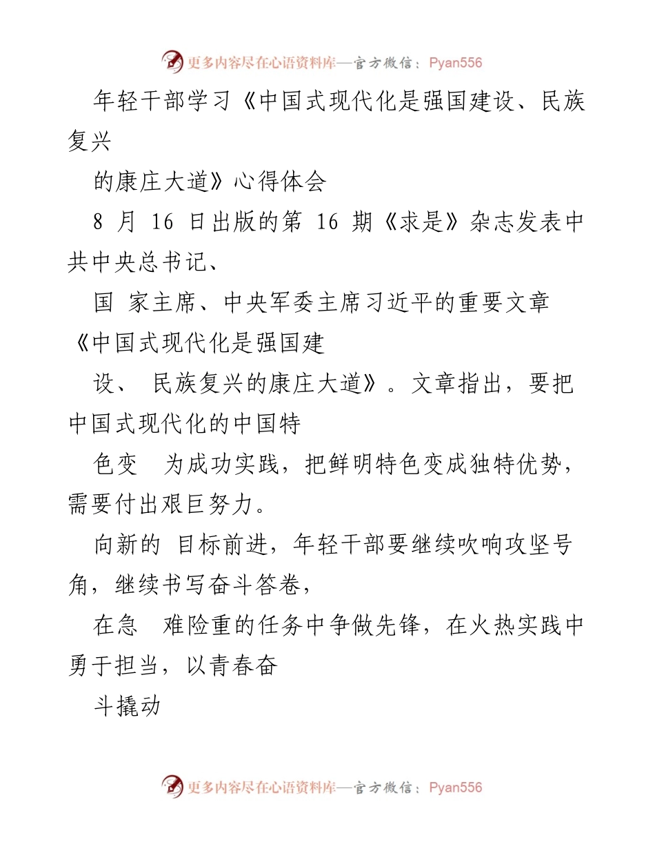 [心得体会] 学习活动 - 年轻干部学习《中国式现代化是强国建设、民族复兴的康庄大道》的体会与实践建议.docx_第1页