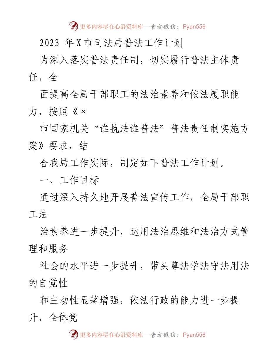 [工作计划] 司法局 - 2023年X市司法局普法工作计划_1.docx_第1页