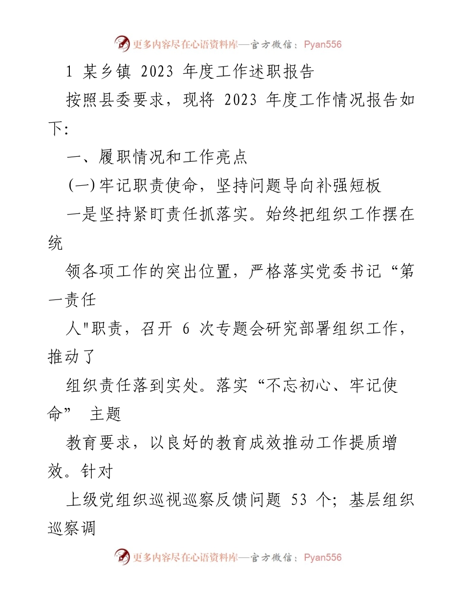 [工作述职报告] 乡镇年度总结 - 2023年度乡镇工作述职报告.docx_第1页