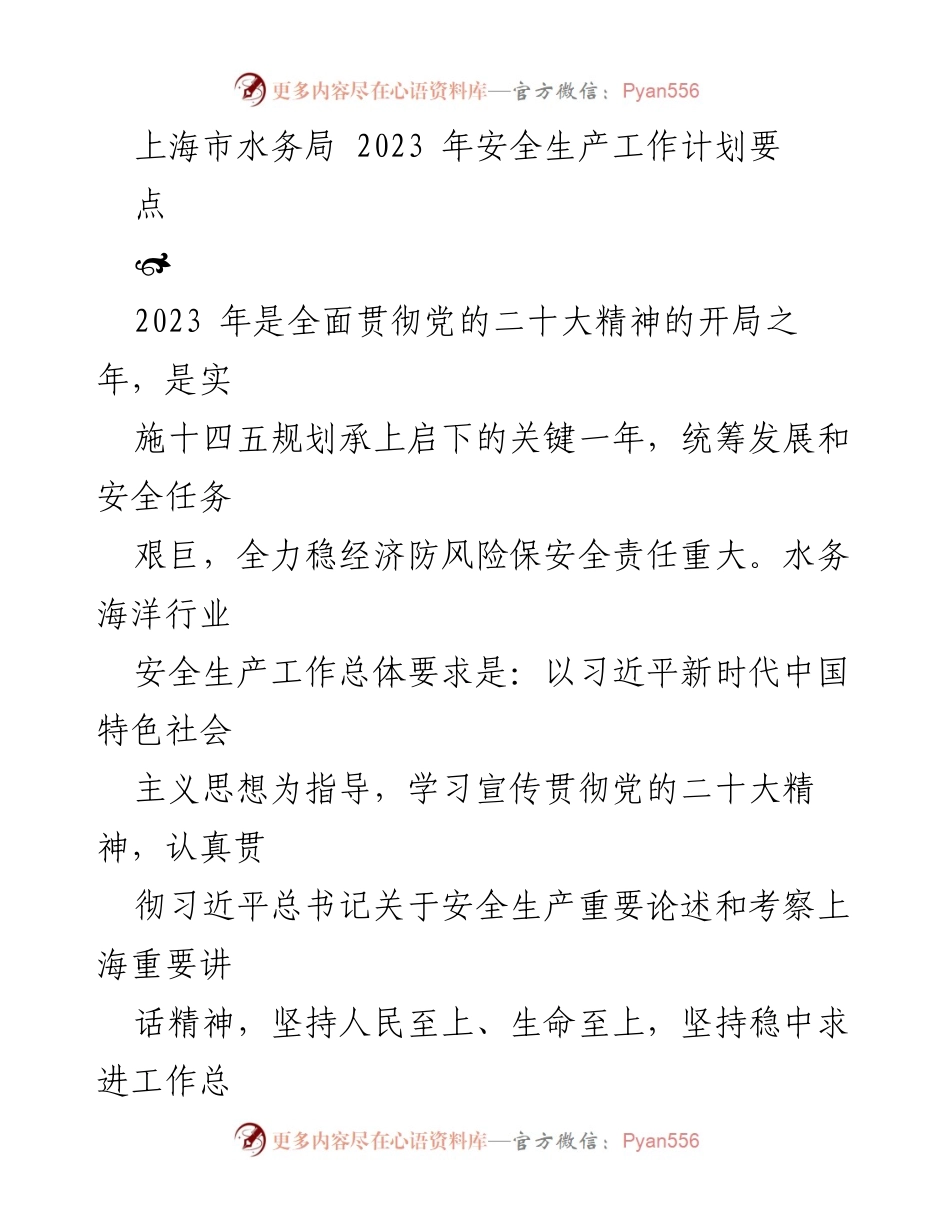 [工作计划] 安全生产会议 - 2023年上海市水务局安全生产工作计划要点.docx_第1页