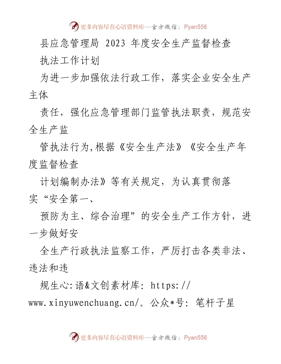 [工作计划] 安全生产监督检查 - 2023年度安全生产监督检查执法工作计划.docx_第1页