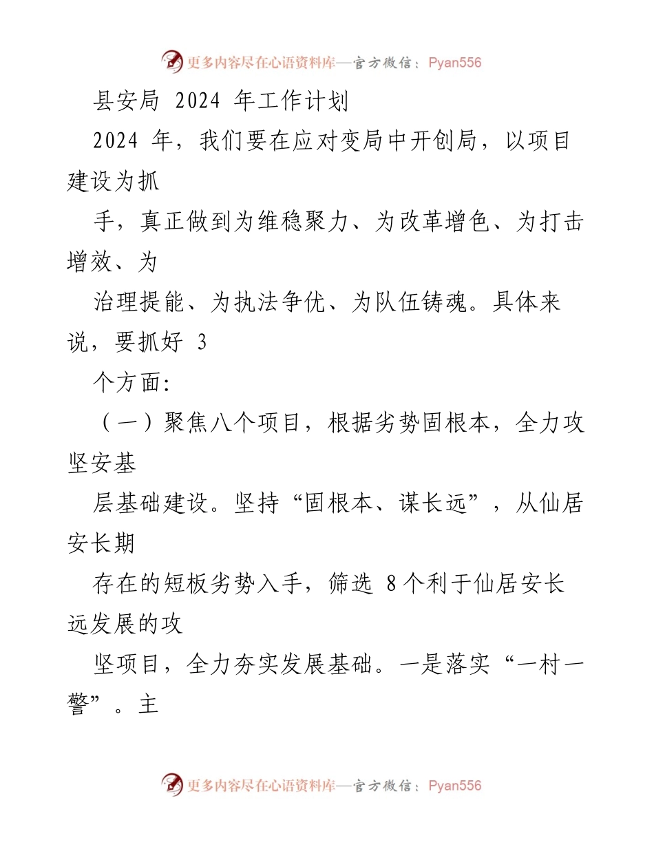 [工作计划] 县安局 2024年 - 2024年县安局工作计划聚焦项目建设与安基层发展.docx_第1页