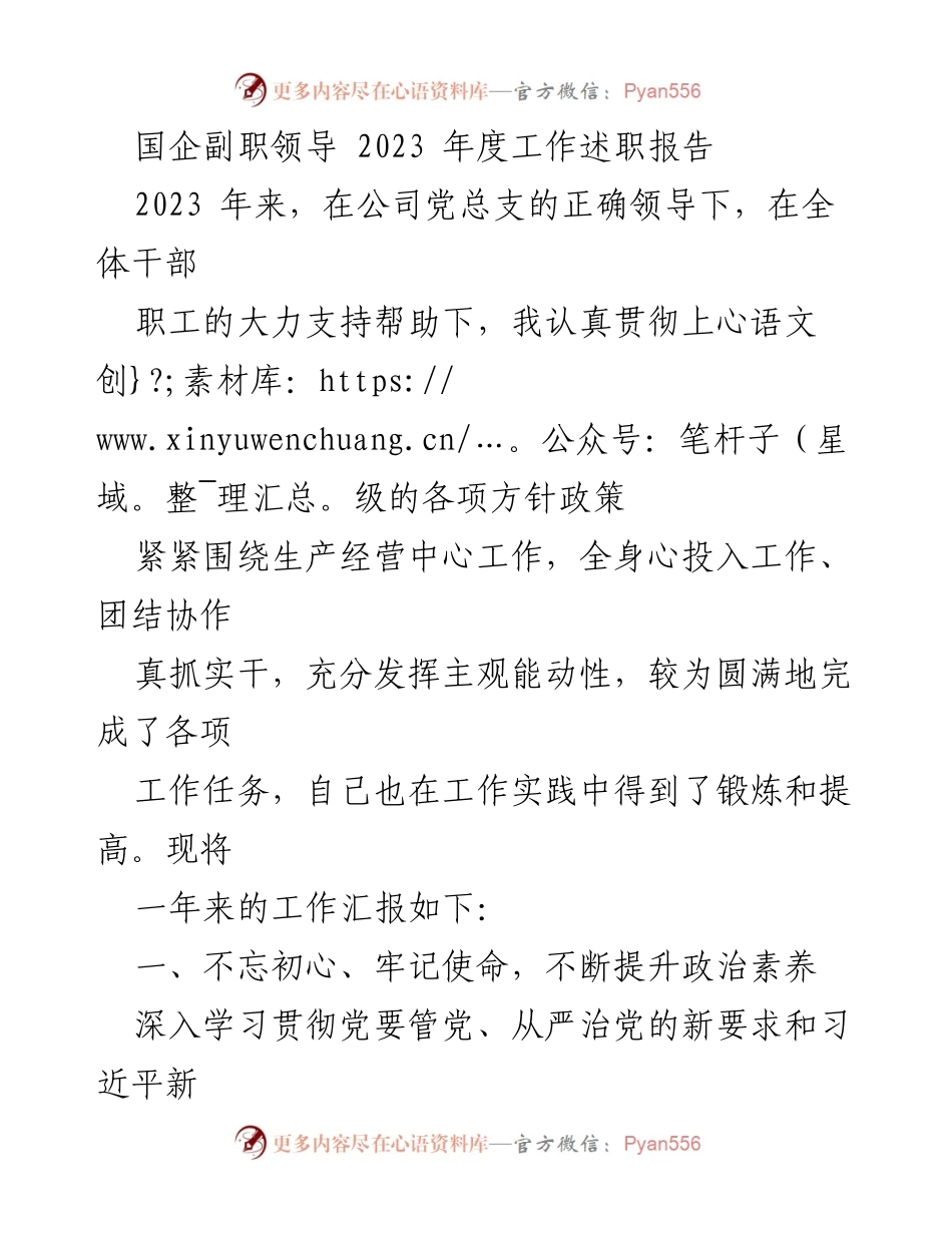 [工作述职报告] 国企副职领导 - 2023年度工作述职总结与反思_1.docx_第1页