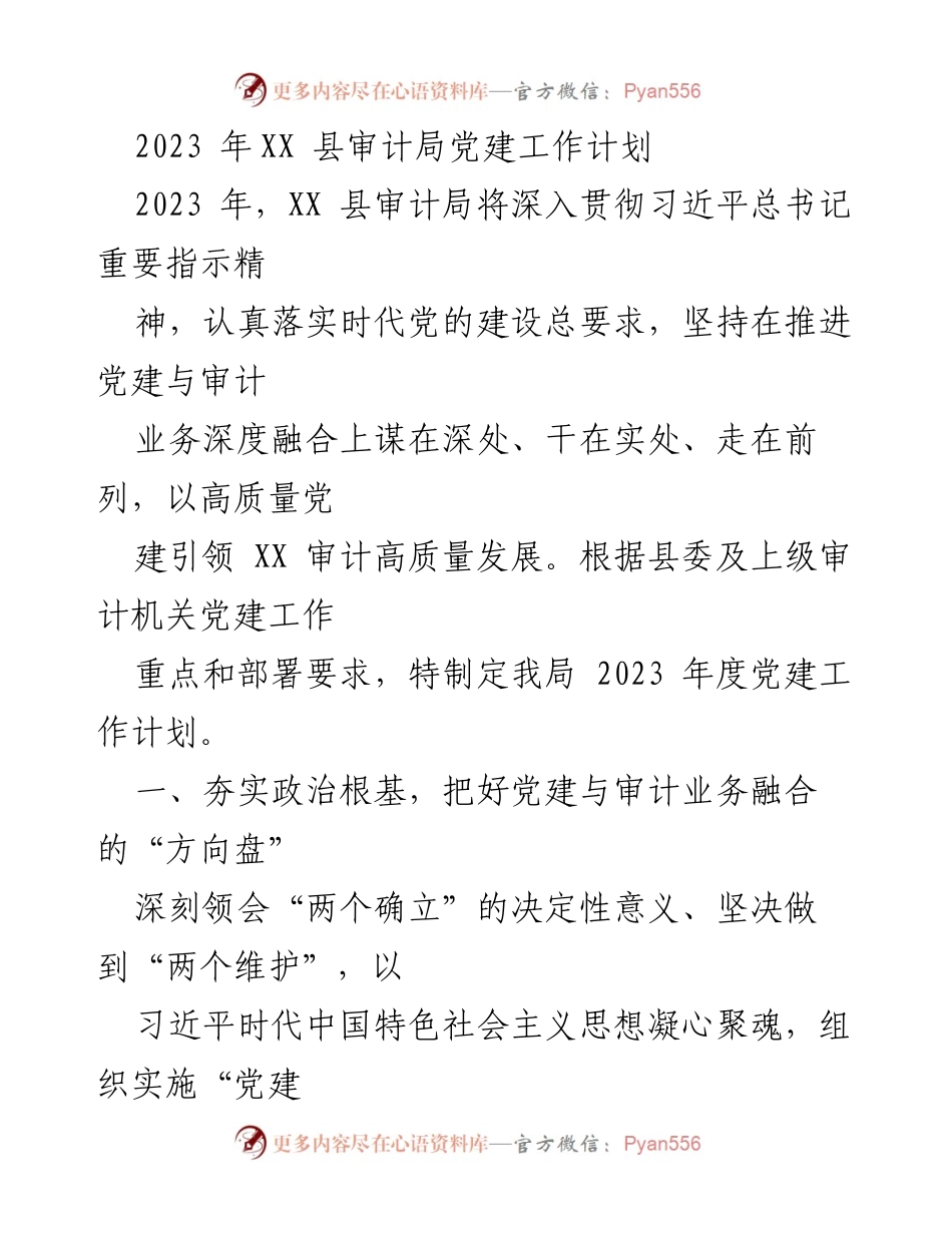 [工作计划] XX县审计局 - 2023年度党建与审计业务深度融合工作计划.docx_第1页
