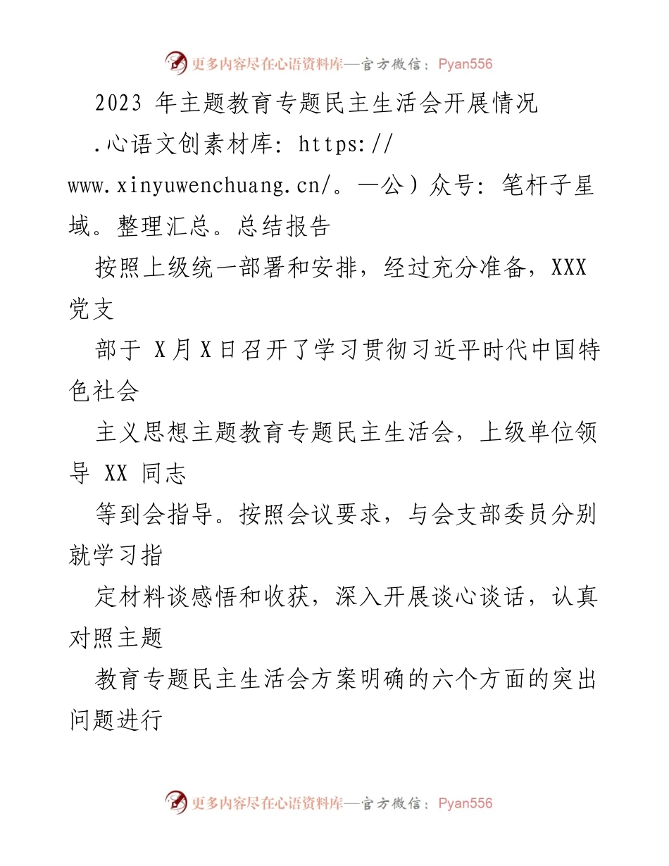[总结报告] 主题教育专题民主生活会 - 2023 年主题教育专题民主生活会开展情况总结.docx_第1页