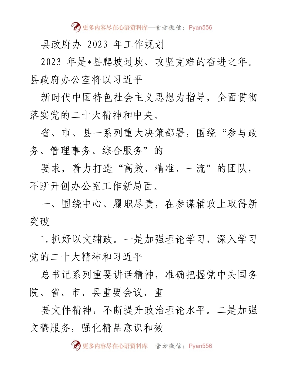 [工作规划] 县政府办 - 2023年县政府办公室工作规划与实施方案.docx_第1页