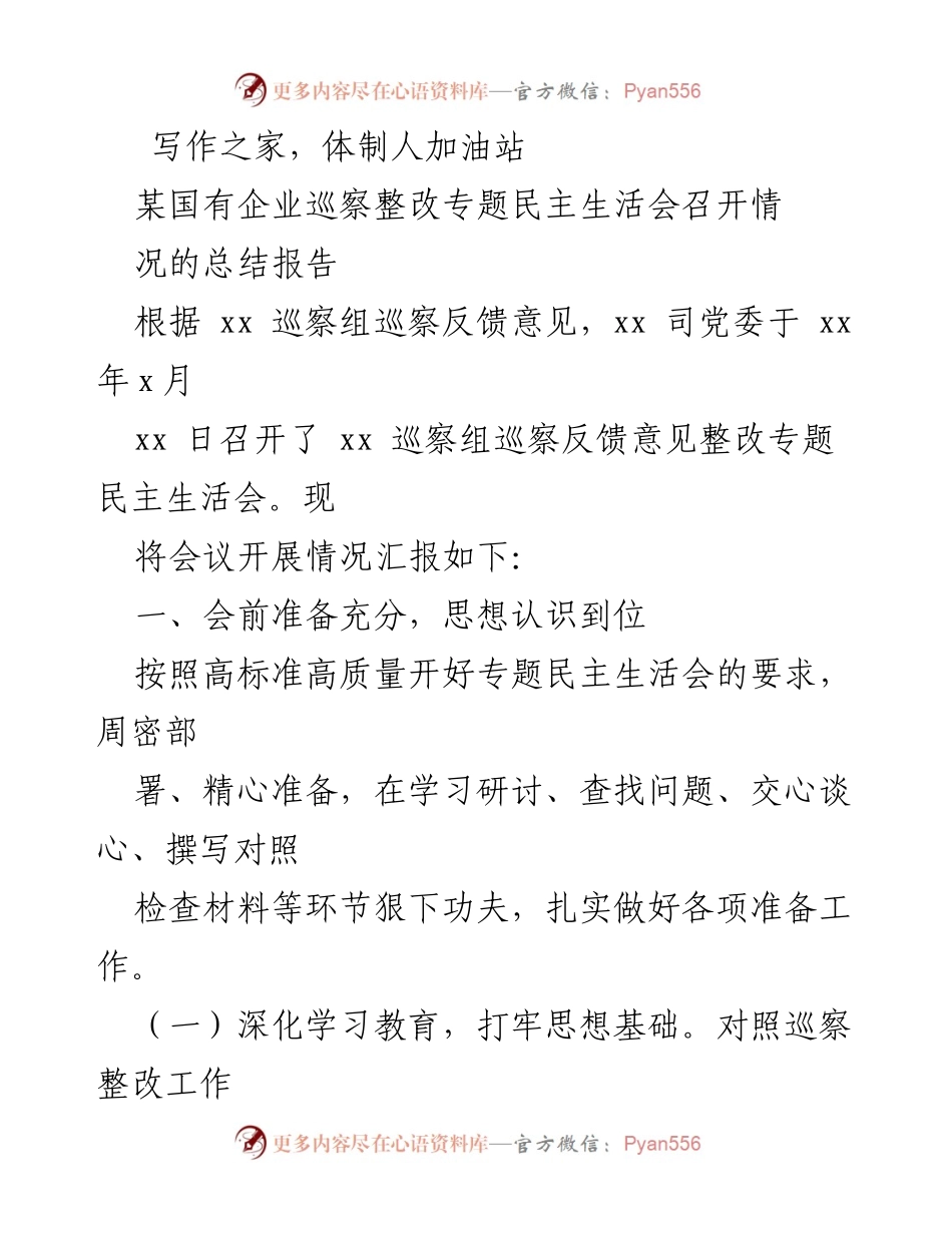 [总结报告] 巡察整改 - 某国有企业巡察整改专题民主生活会总结报告.docx_第1页