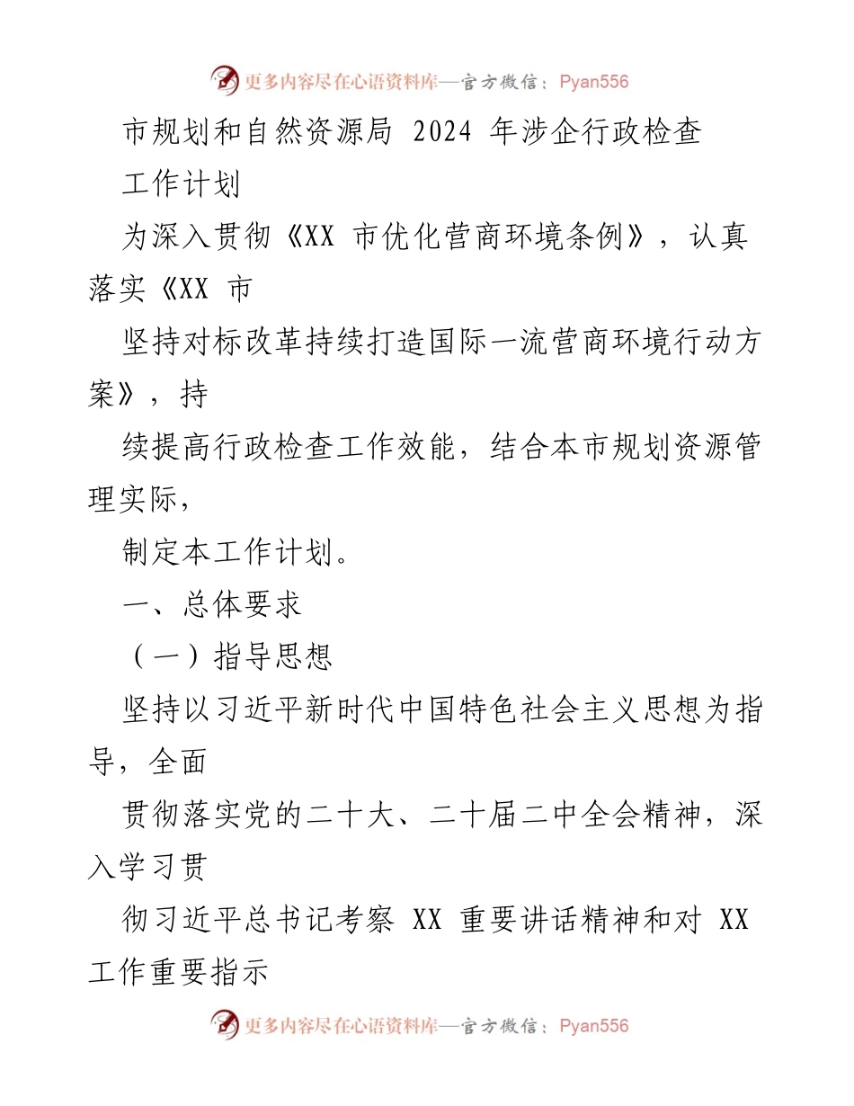 [工作计划] 行政检查 - 2024年市规划和自然资源局涉企行政检查工作计划.docx_第1页