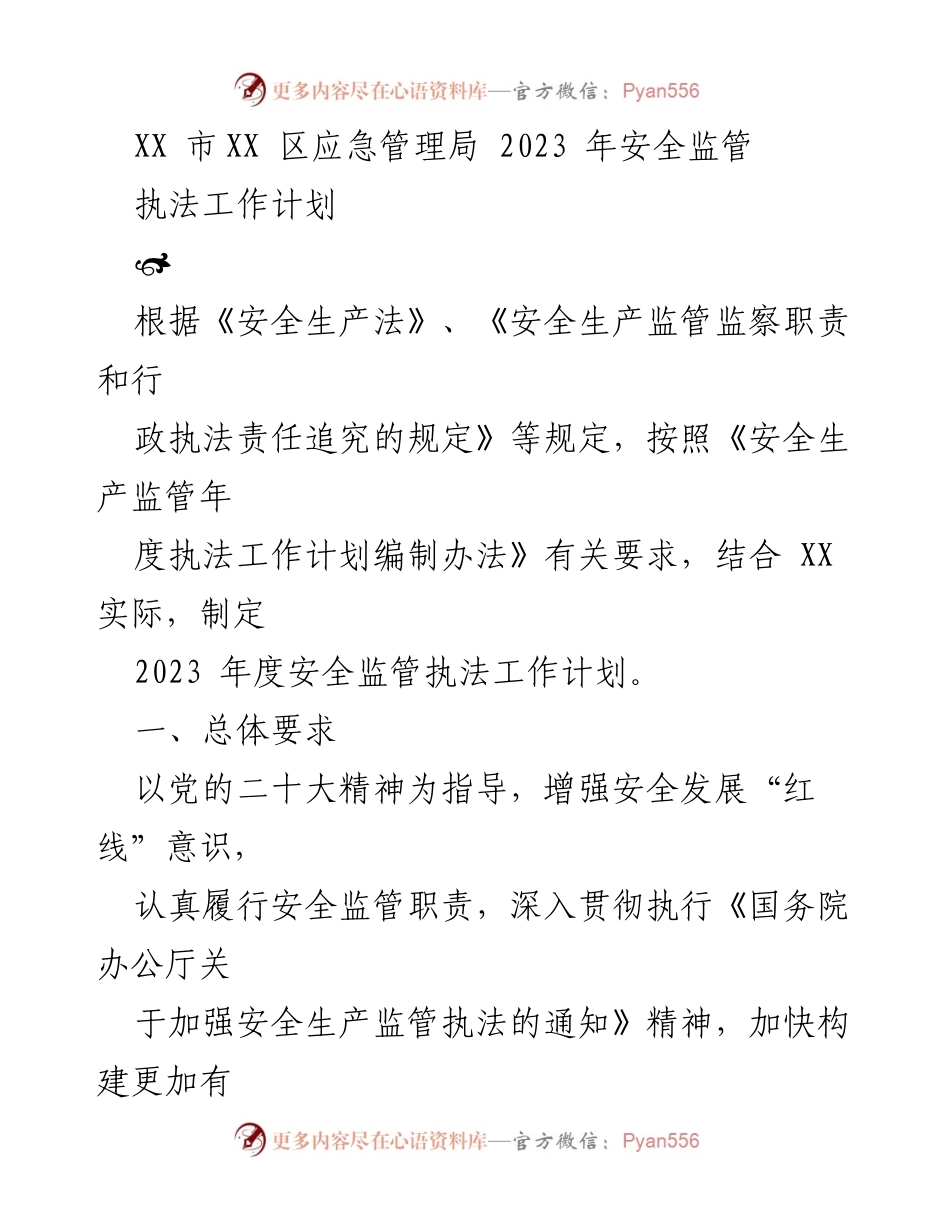 [工作计划] 应急管理局 - 2023年度安全监管执法工作计划.docx_第1页