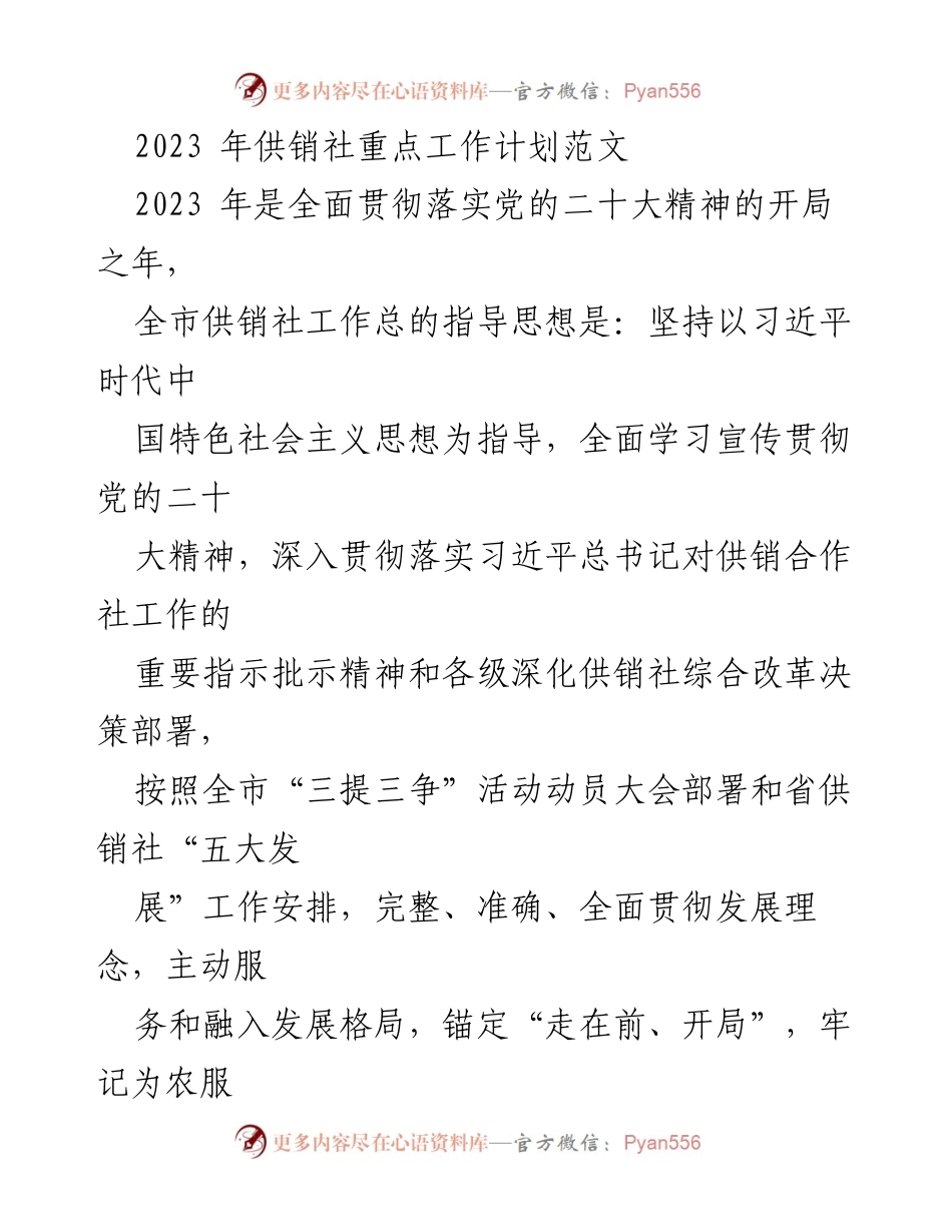 [工作计划] 供销社 - 2023年供销社重点工作计划与实施方案.docx_第1页