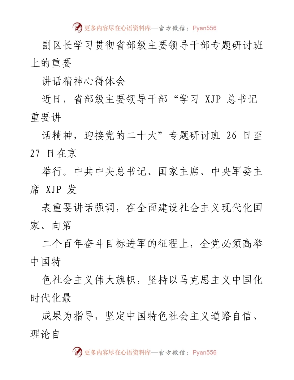 [心得体会] 研讨班 - 副区长学习贯彻XJP总书记讲话精神的体会与思考.docx_第1页