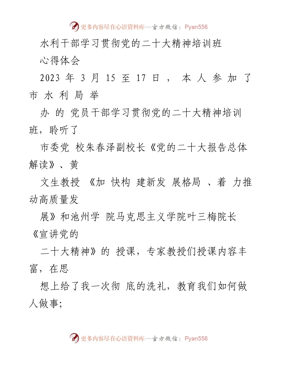 [心得体会] 培训班 - 深入学习党的二十大精神，坚定水利工作者的政治担当与发展方向.docx_第1页