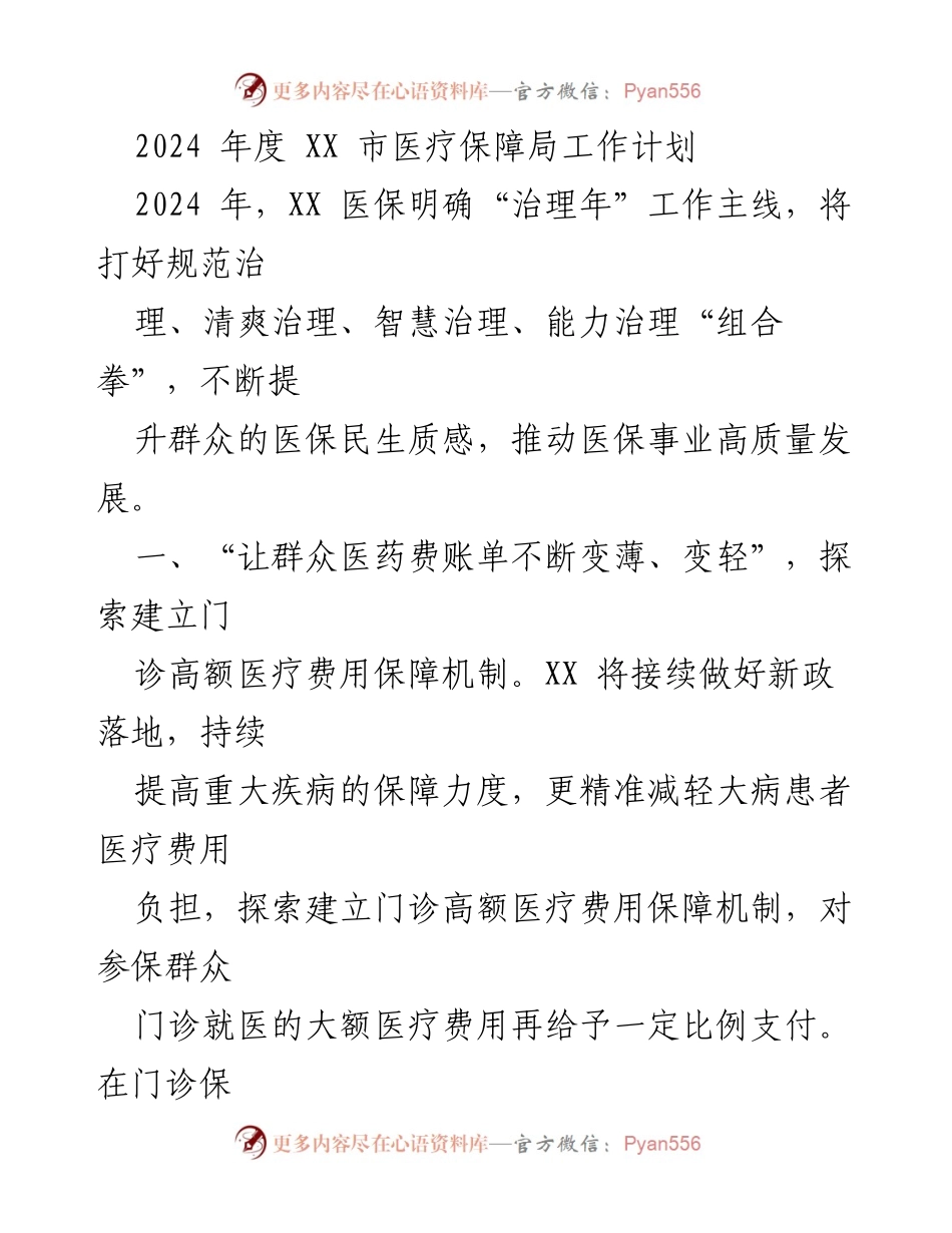 [工作计划] 医疗保障局 - 2024年度XX市医疗保障局工作计划概述.docx_第1页