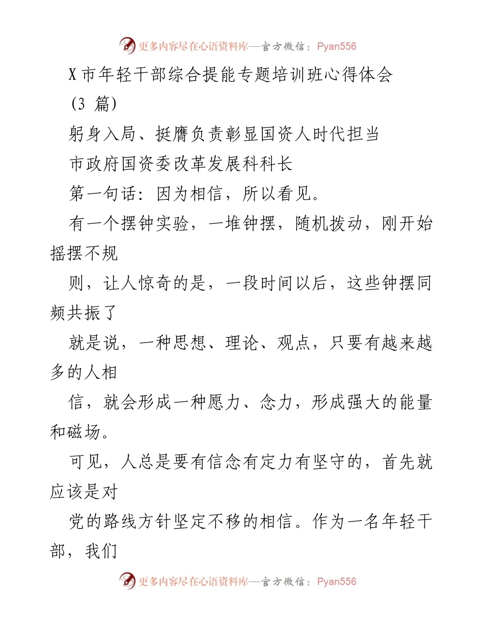 [心得体会] 培训班 - 年轻干部的信念与担当.docx_第1页