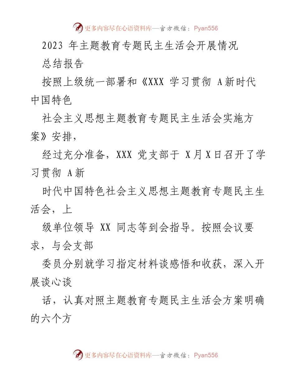 [总结报告] 党支部民主生活会 - 2023年主题教育专题民主生活会开展情况总结.docx_第1页