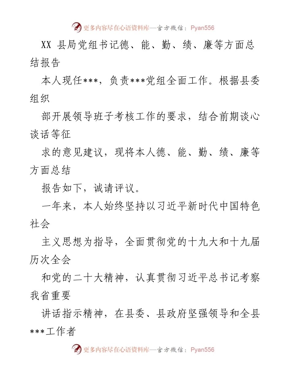 [总结报告] 领导班子考核 - XX县局党组书记德能勤绩廉总结报告.docx_第1页