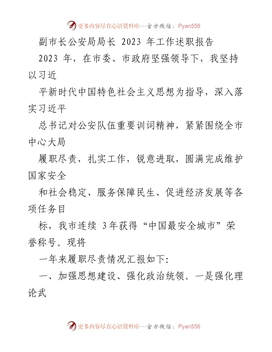 [工作述职] 政府工作 - 副市长公安局局长2023年工作述职报告.docx_第1页