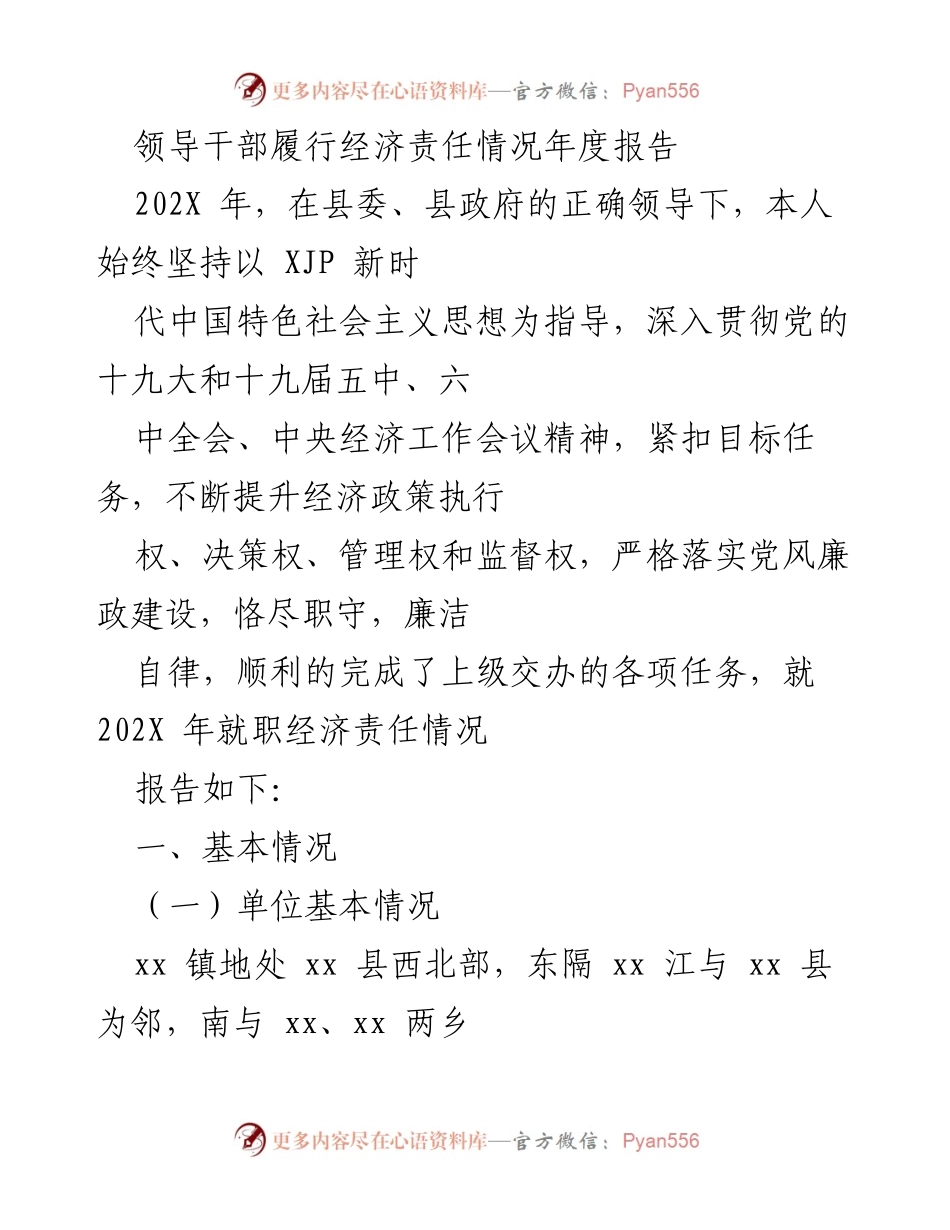 [年度报告] 领导干部经济责任履行 - 202X年领导干部经济责任履行情况总结报告.docx_第1页