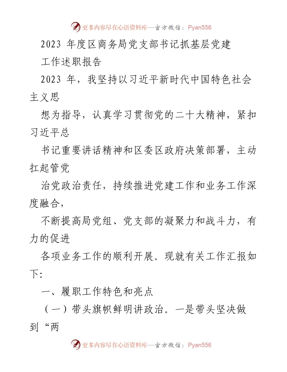 [工作述职] 区商务局 - 2023年度党支部书记抓基层党建工作述职报告.docx_第1页