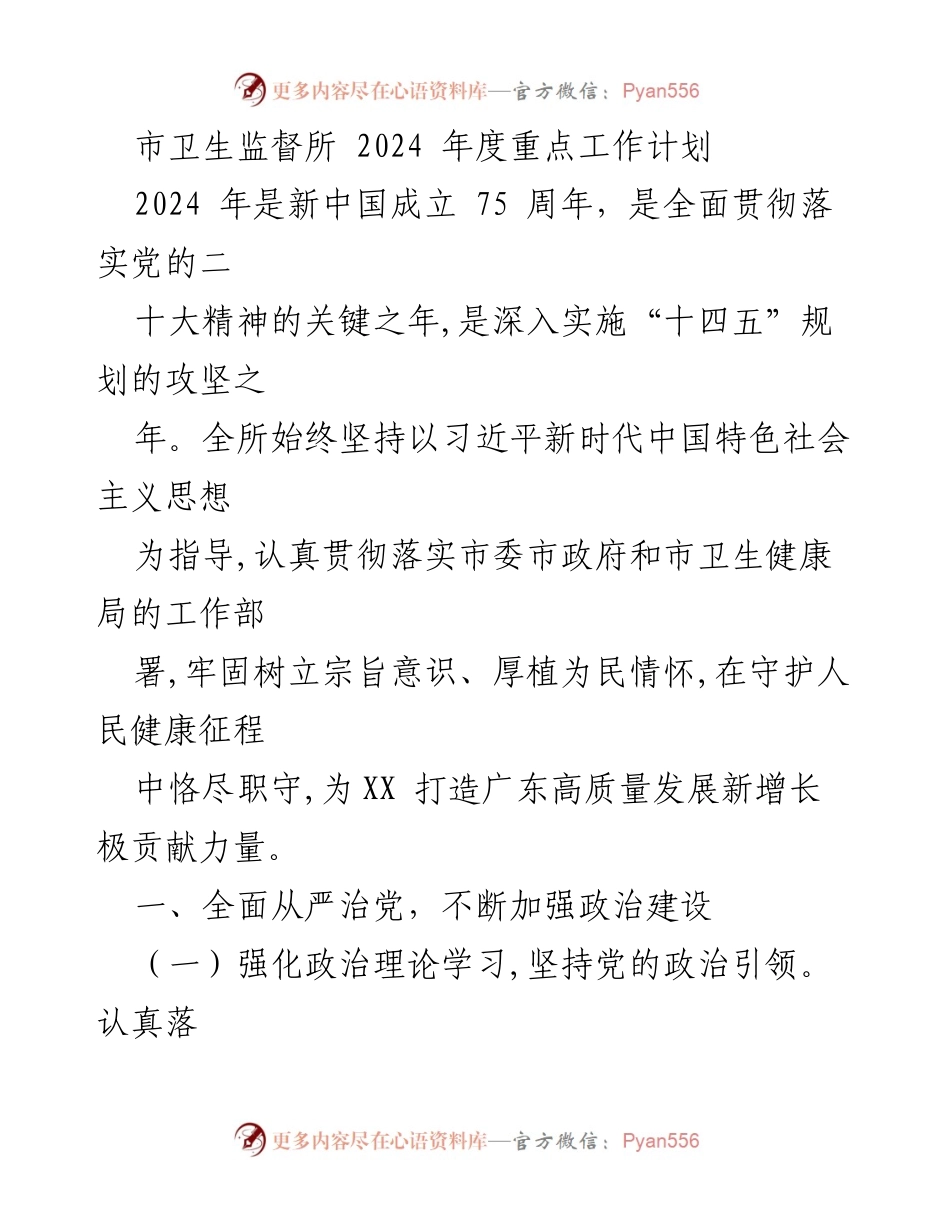 [工作计划] 市卫生监督所 - 2024年度重点工作计划概述.docx_第1页