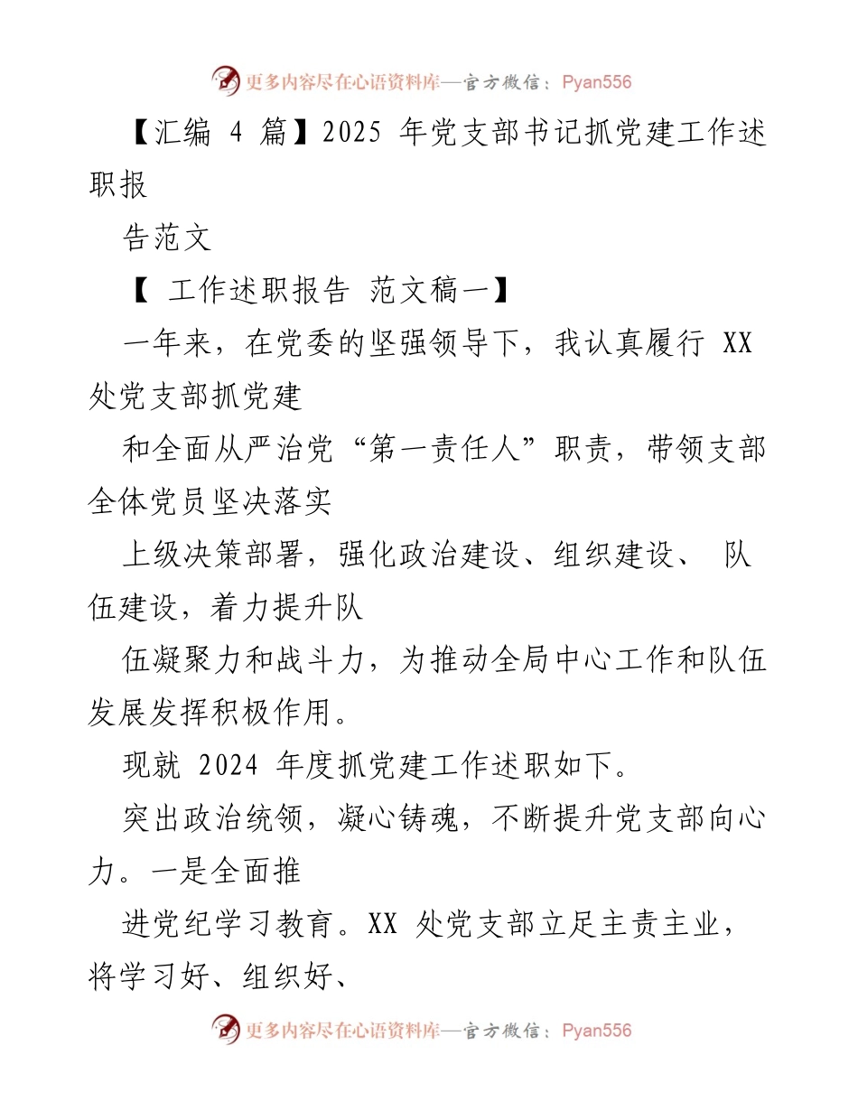 [工作述职报告] 党支部书记述职 - 2024年度党支部书记抓党建工作述职报告.docx_第1页